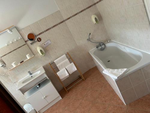 a bathroom with a tub and a sink and a mirror at Au Bon Accueil in Alban