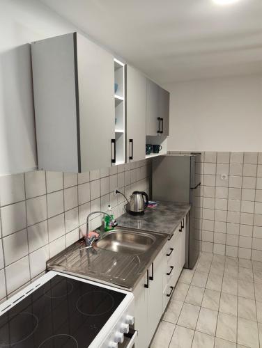a kitchen with a sink and a stainless steel refrigerator at Kravica Oasis in Ljubuški