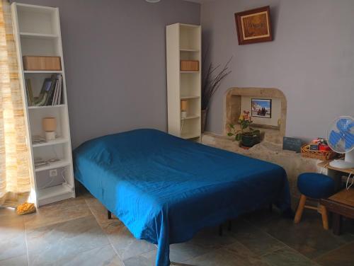 a bedroom with a blue bed and a fireplace at Au jeu de mots, chambre d'hôtes proche Poligny in Barretaine