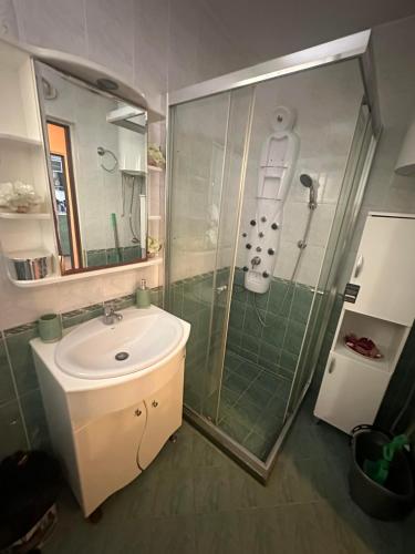 a bathroom with a shower and a sink and a shower at Къща за гости Амбър in Burgas