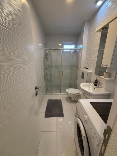 a bathroom with a shower and a toilet and a sink at Apartman Vila&Vera in Sremska Mitrovica