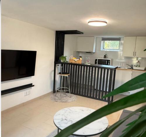 a living room with a kitchen with a large television at Lk Apartments in Halmstad