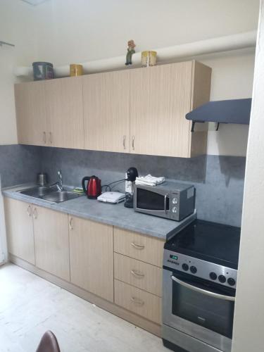 a kitchen with a sink and a microwave at Proche CENTRE VILLE - BALCON - VUE - Calme in Igoumenitsa