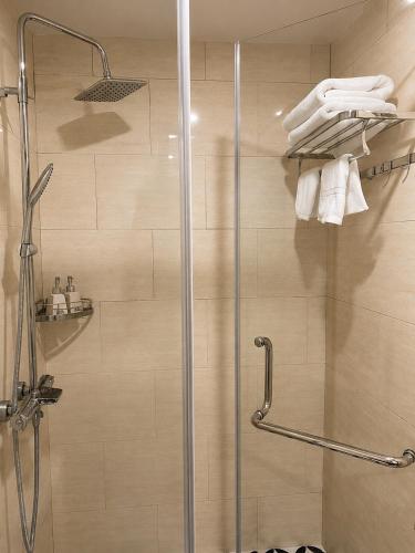 a bathroom with a shower with a glass door at Hanoi Silk Crown Boutique Hotel & Spa in Hanoi