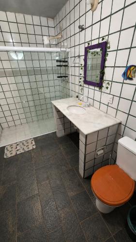 a bathroom with a sink and a toilet and a mirror at Hostel-Casa25-Meaipe in Guarapari