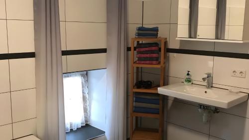 a bathroom with a sink and a mirror at Unter der Linde in Tittmoning