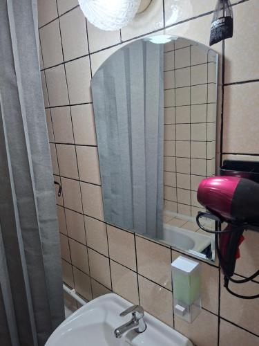 a bathroom with a mirror and a sink at Vikendica DUNAV in Golubac