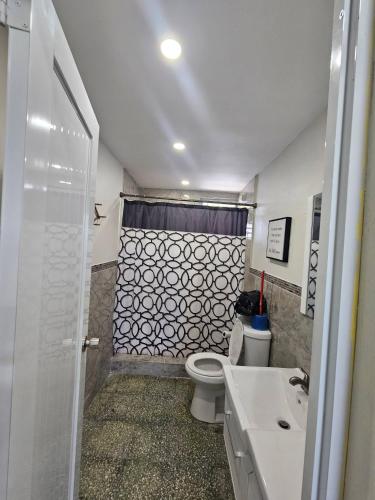 a bathroom with a shower and a toilet and a sink at Spacious Beachfront Escape at Playa Guayanes for Large Groups in Yabucoa