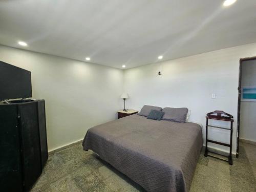 a bedroom with a bed and a flat screen tv at Spacious Beachfront Escape at Playa Guayanes for Large Groups in Yabucoa