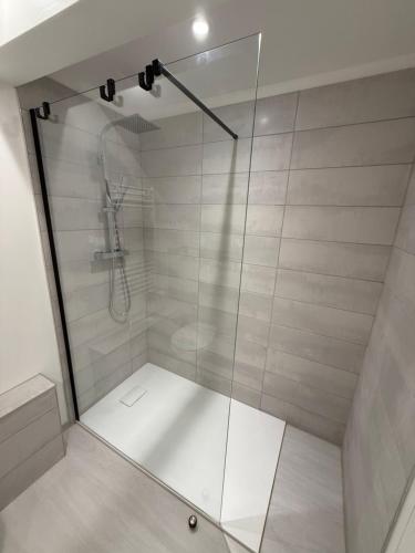 a shower with a glass door in a bathroom at Gite de groupe lacs et forêt du jura - SPA et Sauna Privatif - Orgelet in Orgelet