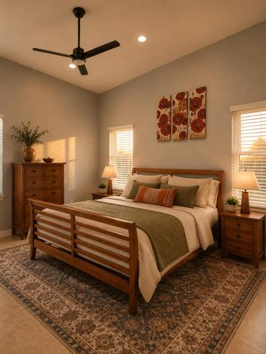 a bedroom with a large bed and a ceiling fan at Desert Disconnect Pool and Putting Green in Gilbert