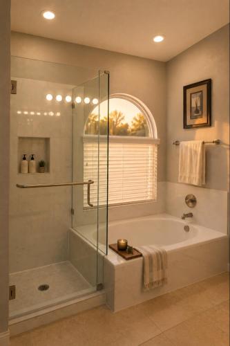 a bathroom with a tub and a glass shower at Desert Disconnect Pool and Putting Green in Gilbert