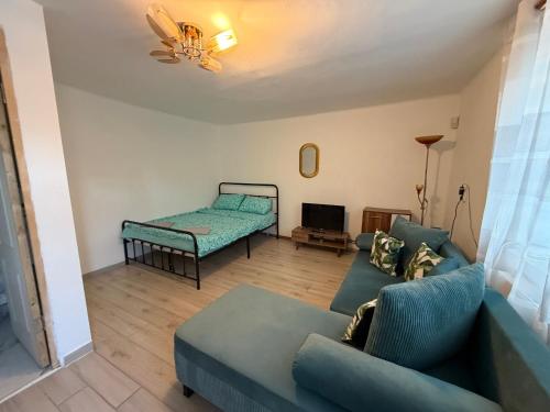 a living room with a couch and a bed at Closca Apartment 2 in Floreşti