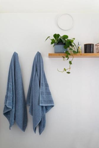a pair of blue towels hanging on a wall at Kai Cottage in Bergvliet