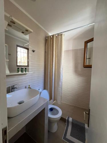 a white bathroom with a sink and a toilet at Elina Apartments in Batsi