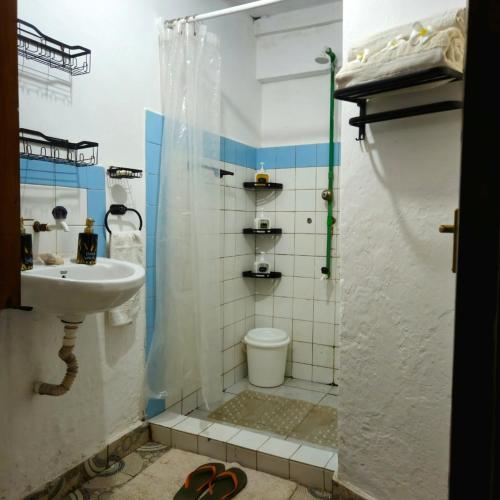 a bathroom with a sink and a toilet and a shower at Palm Paradise in Diani Beach