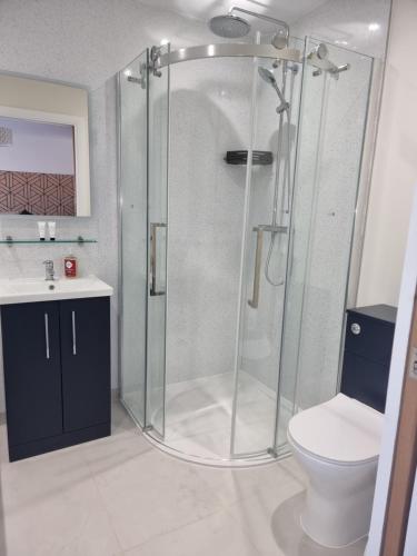 a bathroom with a shower with a toilet and a sink at Exeter Executive Apartments in Pinhoe