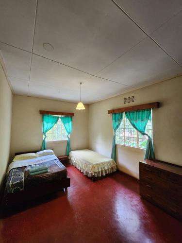 a bedroom with two beds and two windows at Stellas Villa in Marangu