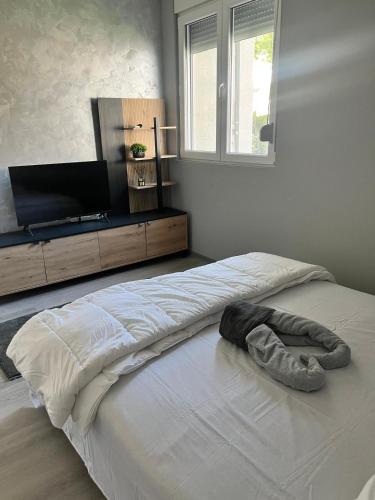 a bedroom with a white bed with a television on it at Apartman Popović in Niš