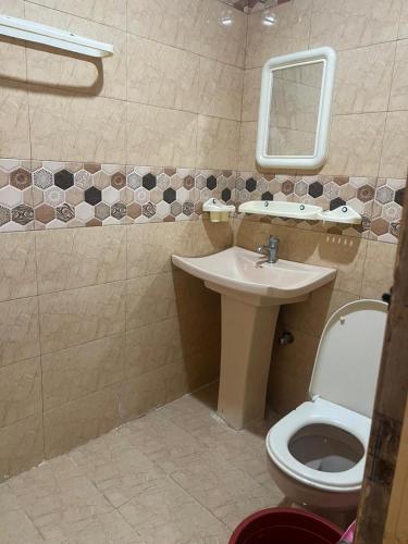 a bathroom with a toilet and a sink and a mirror at Nathigali A & M resort in Nathia Gali