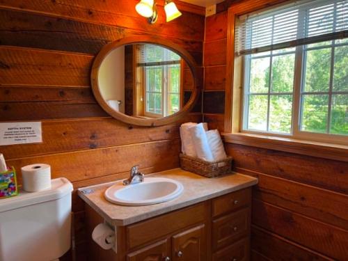 a bathroom with a sink and a mirror at Denali Fireside Cabin & Suites in Talkeetna