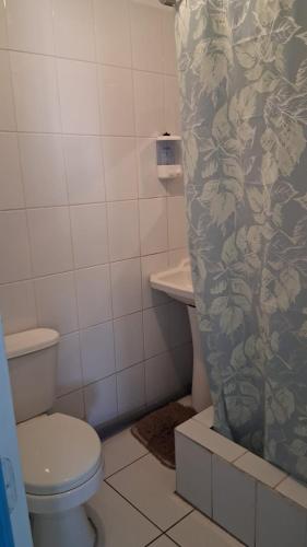 a bathroom with a toilet and a shower curtain at Hostal Mejillones in Mejillones