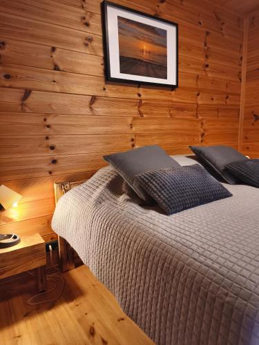 a bedroom with a bed and a picture on the wall at Brīvdienu mājas Lejnieki in Strante