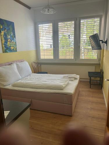 a bedroom with a bed in a room with windows at Hotel RI in Esslingen