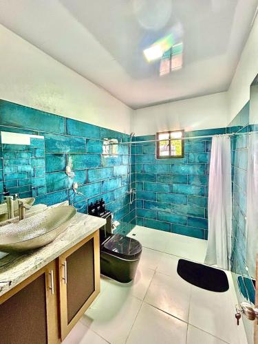 a bathroom with a sink and a shower and a toilet at Mi Refugio 3 in Río San Juan