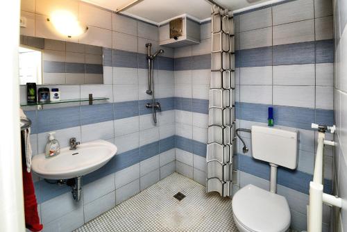 a bathroom with a toilet and a sink at Centrum Apartman in Pécs