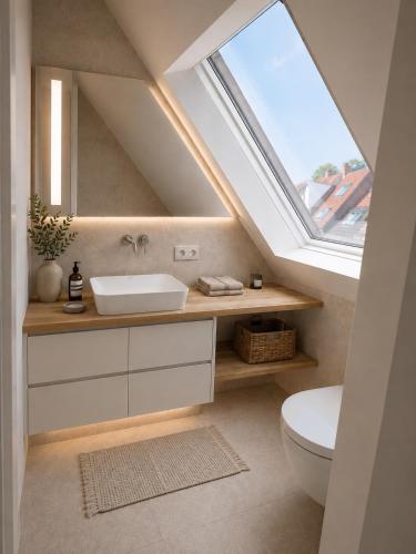 a bathroom with a sink and a window at Kiefernhuus 2 in Norderney