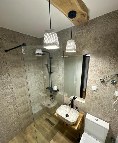 a bathroom with a shower and a toilet and a sink at Osada Sielankowo - Kopiec in Żałe
