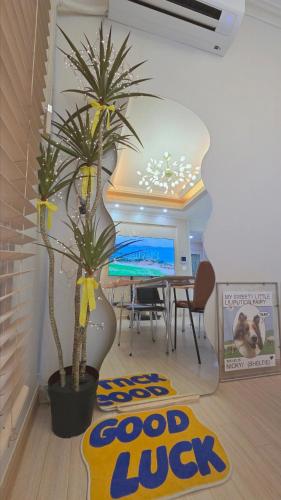 a room with two palm trees and a desk at Daegu-station 동성로 GoodLuck STAY in Daegu