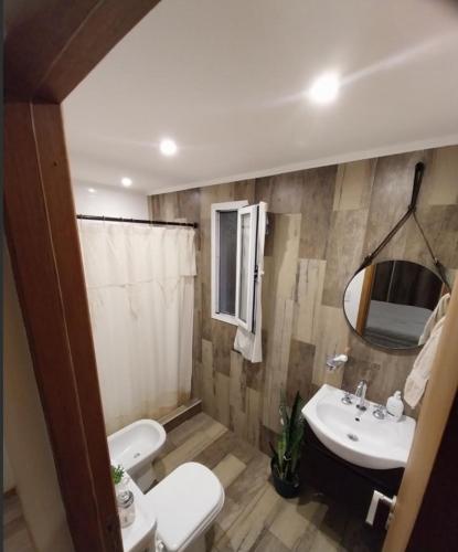 a bathroom with a toilet and a sink and a mirror at Encanto serrano in Sierra de los Padres