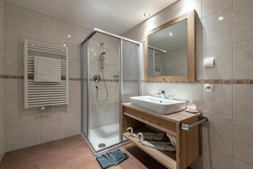 a bathroom with a sink and a shower at Der Brunnerhof in Mühlbach