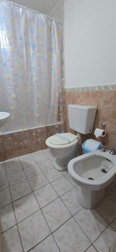 a bathroom with a toilet and a sink at Hotel Oviedo in Río Gallegos