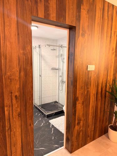a bathroom with a shower with a glass door at HARMONY STONE ViLLA in Ovčar Banja