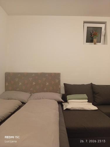 a couch sitting in a living room with at Apartma AURORA in Dekani