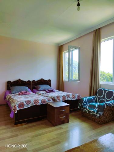 a bedroom with a bed and a chair in it at Gujejiani Guest house in Mestia