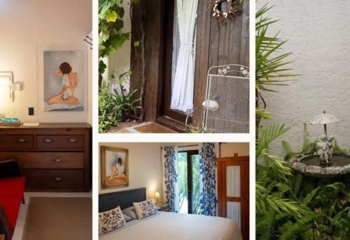 a collage of four pictures of a room at La Atrevida in José Ignacio