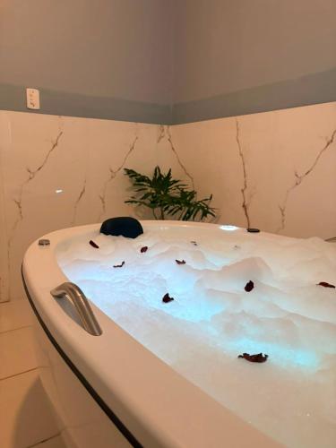 a bath tub with a cake in the middle at Hidromassagem cromoterapia ar condicionado lareira in Imbé