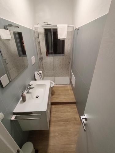 a bathroom with a white sink and a shower at Casa Engy in Rocca Imperiale