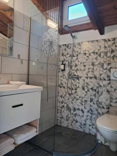 a bathroom with a shower and a sink and a toilet at Studios Niki in Koinyra