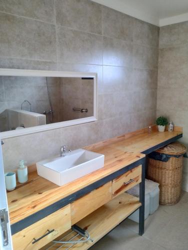 a bathroom with a sink and a mirror at Cabaña San Charbel in Potrerillos