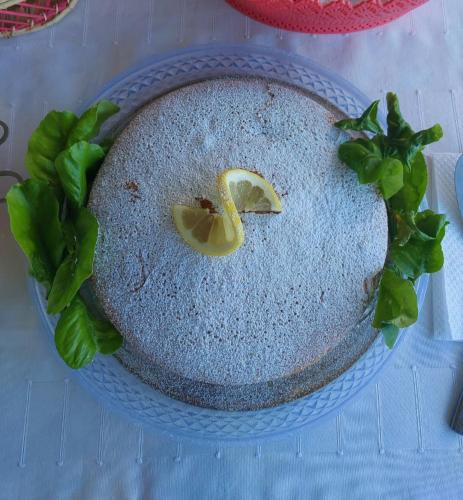 a cake with a lemon slice on a blue plate at La casa di Donato in Palinuro