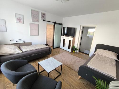 a living room with a couch and a tv at 4 You Apartment in Leoben mit Balkon, Garten und kostenlosen Parkplatz in Leoben