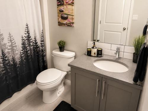 a bathroom with a toilet and a sink and a shower curtain at Southside Haven Edmonton in Edmonton
