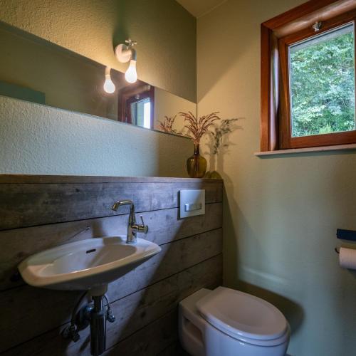 a bathroom with a sink and a toilet and a mirror at Lumen nr5 in Bois