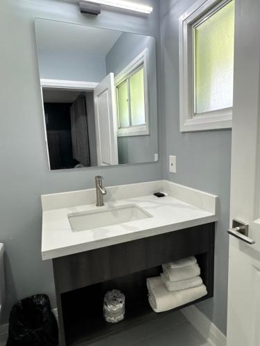 a bathroom with a sink and a mirror at Countryside Inn in Kingston