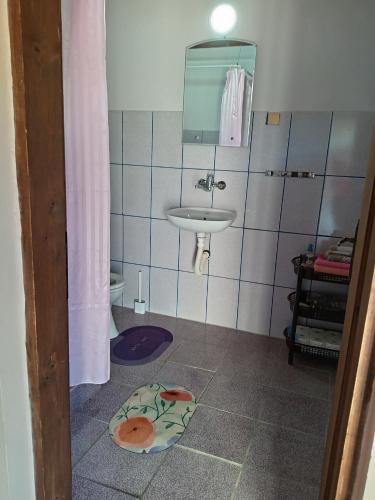 a bathroom with a sink and a toilet and a mirror at Smeštaj Mevlida in Belo Blato